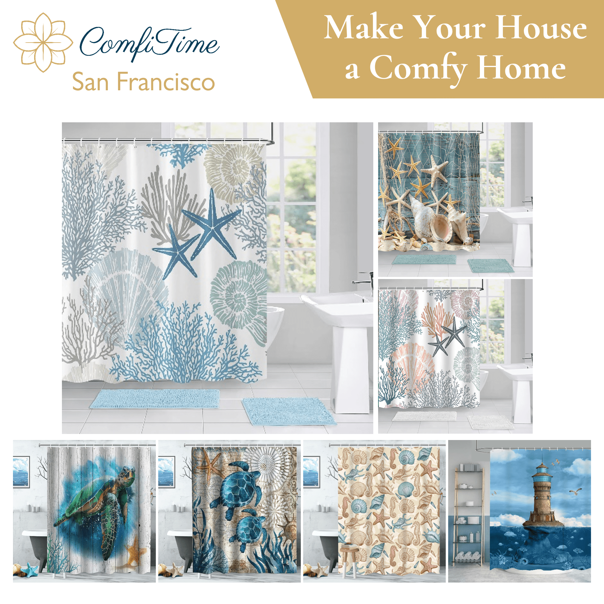 ComfiTime Beach Coastal Shower Curtain with HooksHeavyDuty