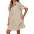 thumbnail image 3 of Summer Short Sleeve Solid Collared Button Down A Line Casual Loose Mini Shirt Dress, 3 of 6