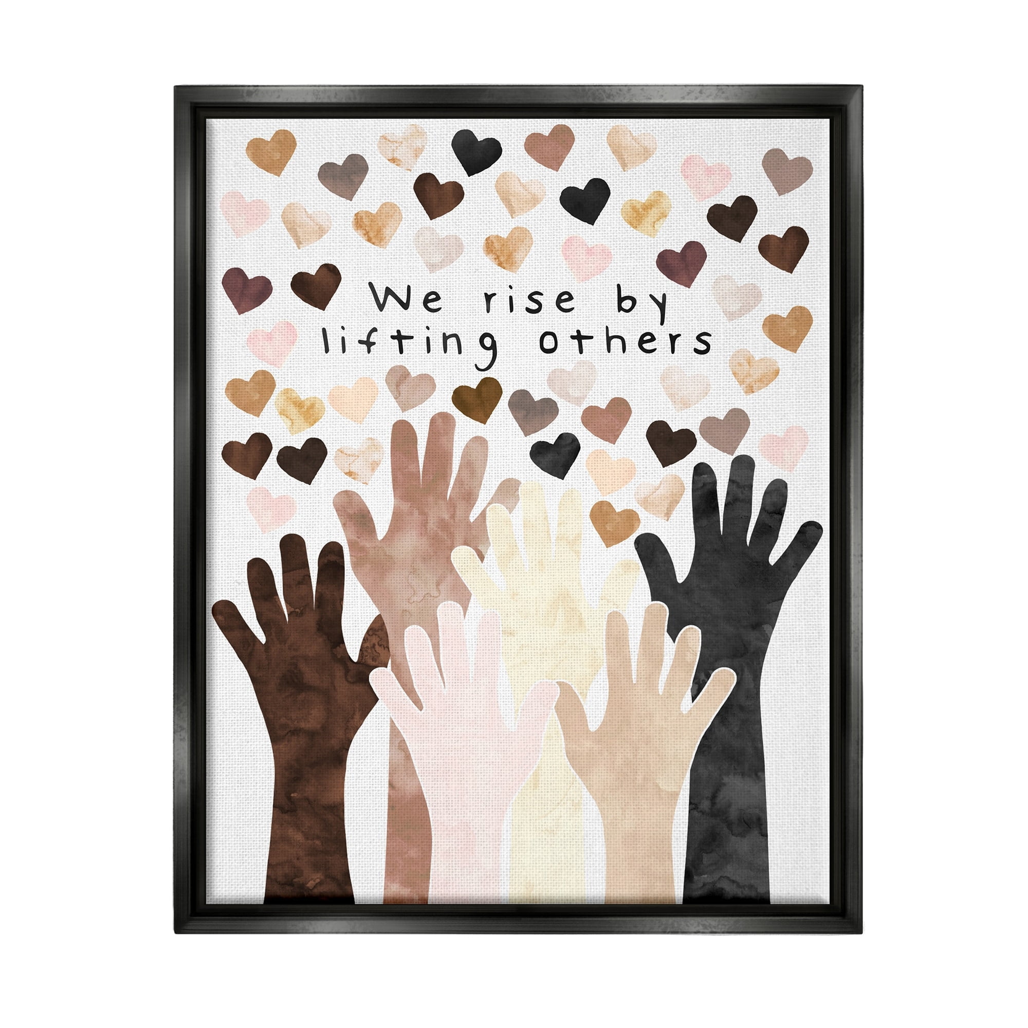 Stupell Industries We Rise by Lifting Others Quote Hands Hearts Jet Black Framed Floating Canvas Wall Art, 24x30, by Erica Billups