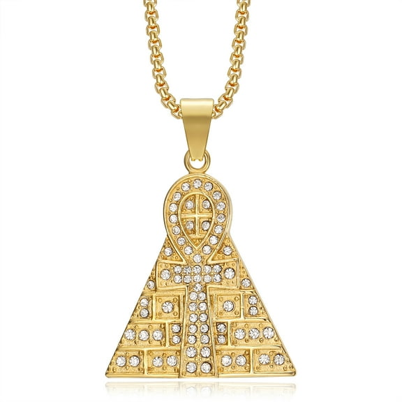 NEGS 18K Gold Plated Coptic Ankh Cross On Pyramid Ancient Egyptian Pendant 24'' Chain Stainless Steel Necklace for Men Women