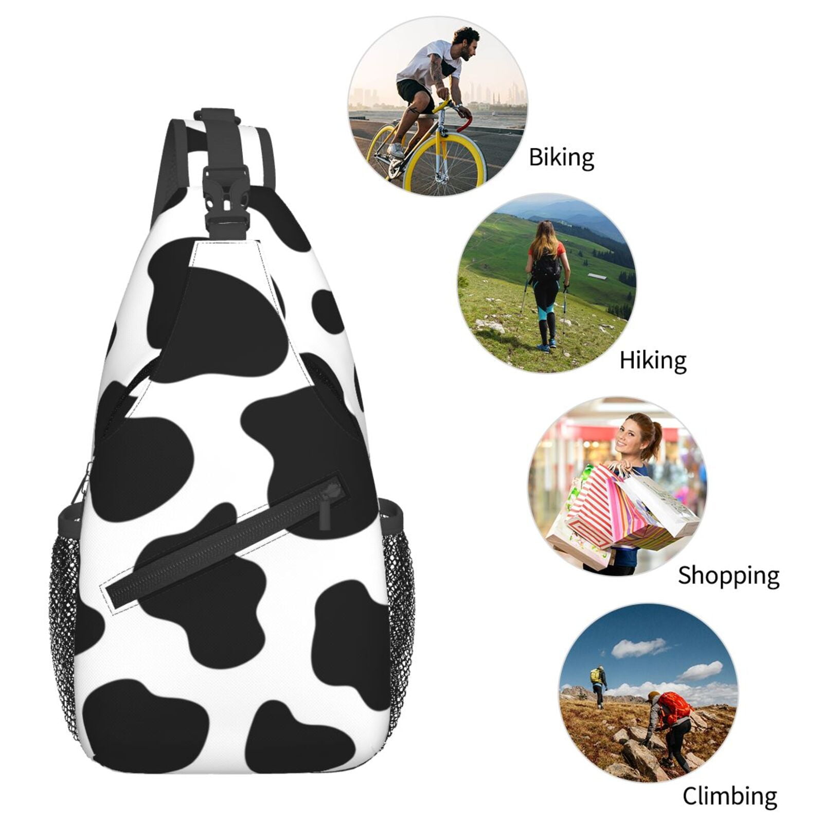 Black And White Cow Skin Print Sling Backpack Shoulder Chest Crossbody Bag Causal Travel Hiking Daypack