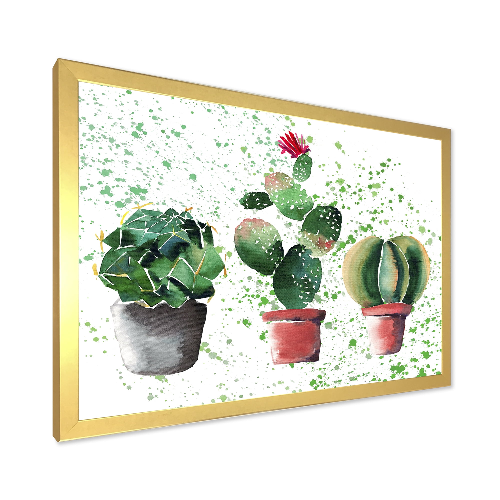 Designart 'Three Cacti In Clay Pots With Green Dots' Traditional Framed Art Print