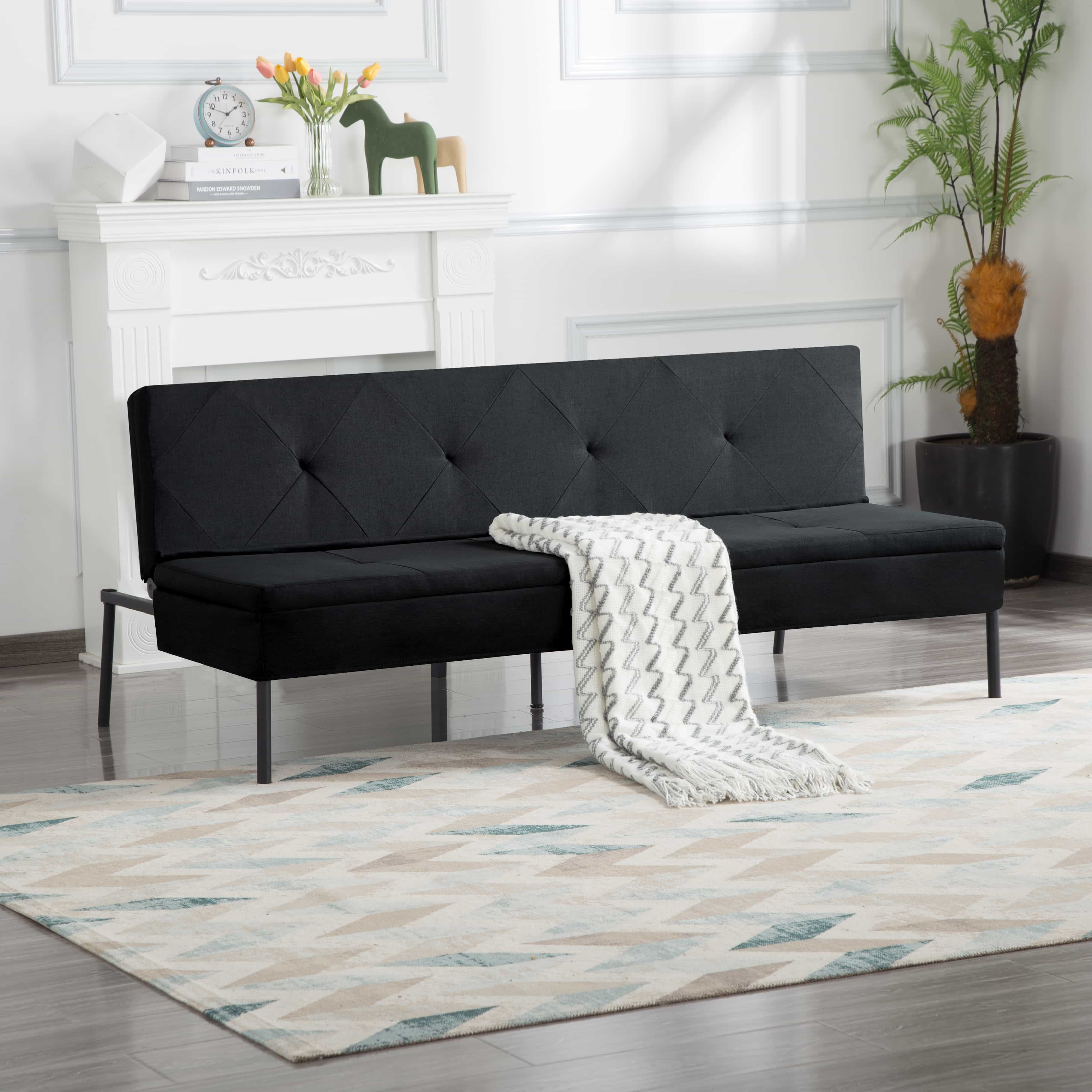 BSHTI 63 inch Convertible Sleeper Futon Sofa Bed,Polyester Fabric,All Iron Frame Convertible Futon Sofa Bed,for Living Room,Office,Small Apartment(Black)