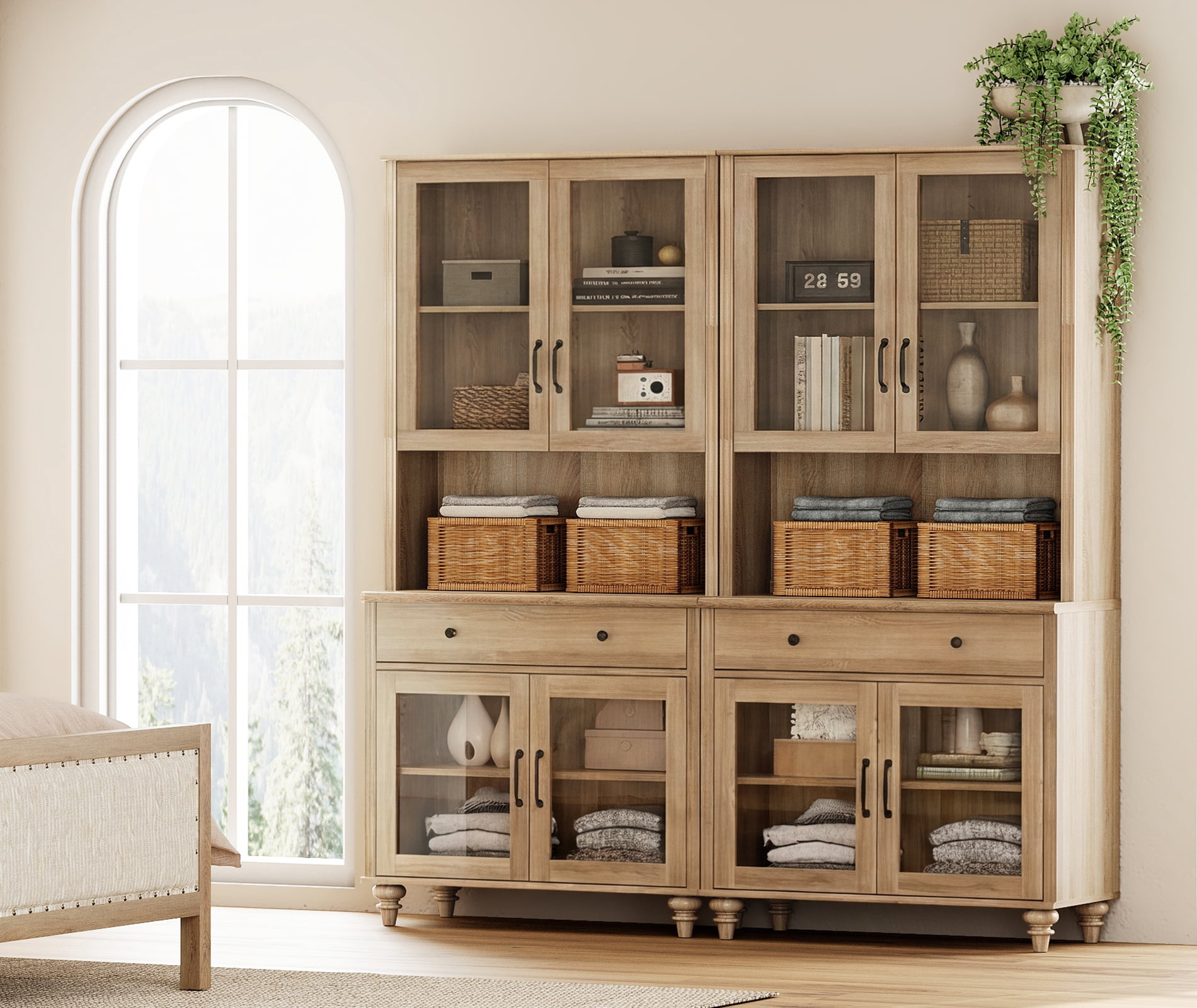 72.1"H X 67.7"W Large Farmhouse Bookcase with Glass Doors, Drawer & Bar Hutch, Wooden Bookshelf for Living Room, Bedroom, Home Office, Kitchen, Oak