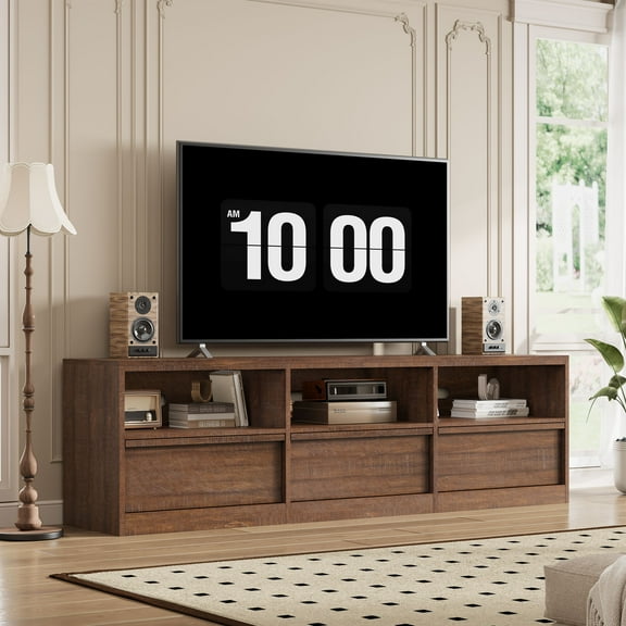 BouPower Modern Farmhouse TV Stand,Entertainment Center with 3 Drawers & Open Shelves for Televisions up to 65 70 75Inch,TV Console Table for Living Room