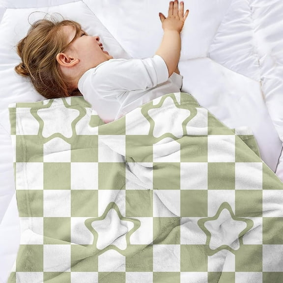 Super Soft Lightweight Star Checkered Flannel Blanket for Bed Sofa Couch Living Room Nursery Unisex Fleece Blanket for Children Adults Pets All Season Use 50 x 60 inches (Green)