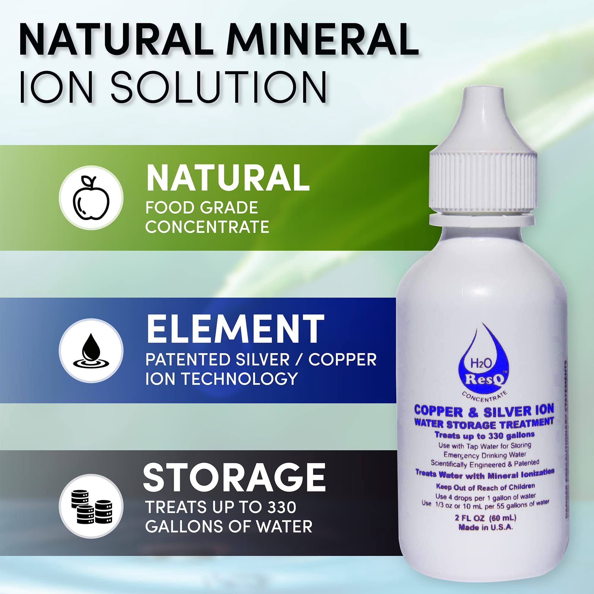 H2O ResQ Water Storage, Natural and Patented Formula, Treats 330 Gallons, Keeps Water Fresh for 5 Years, Test Kit Included!!