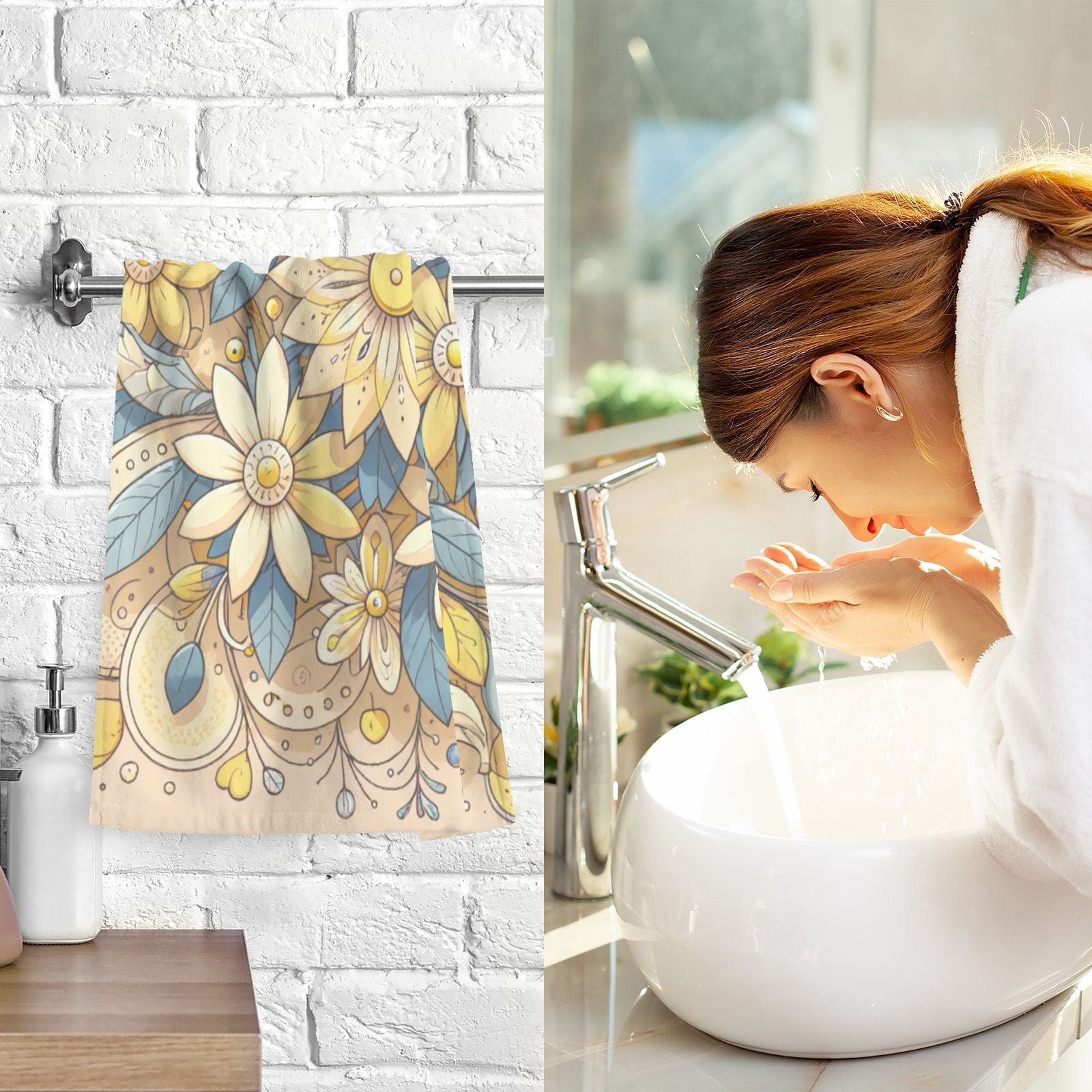 Elegant Flowers Yellow Hand Towels Cotton Bath Towels Large Face Towels Absorbent for Bathroom 2 Packs