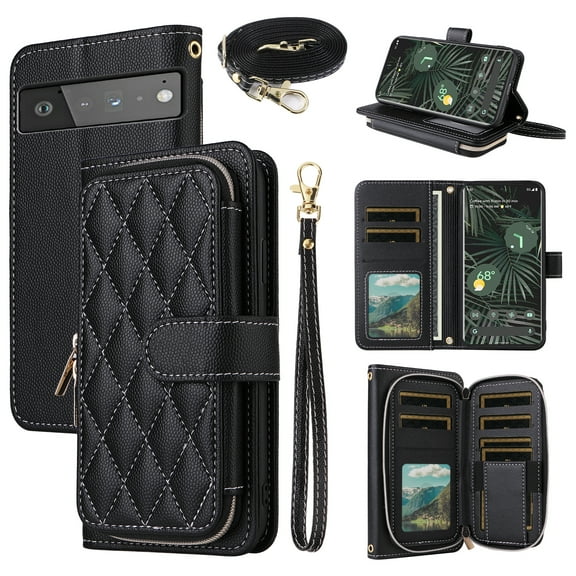 Dswteny Argyle Wallet Case for Google Pixel 6 Pro with Wrist Strap Shoulder Strap Flip Credit Card Holder Stand Accessories Cell Phone Cover for Pixel6Pro Pixel6 XL 6XL Pixle 6Pro 5G Girls Black