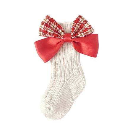 

Toddler Baby Girls Houndstooths Bowknot Socks Anti-Slip Ribbed Knit Cotton Medium Tube Socks Warmers