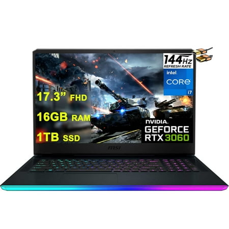 MSI Flagship GE76 Raider Gaming Laptop 17.3” FHD IPS 144Hz 11th Gen Intel 8-Core i7-11800H 16GB RAM 1TB SSD GeForce RTX 3060 6GB Backlit Thunderbolt USB-C MiniDP 2.5Gb Ethernet Win10 + HDMI Cable