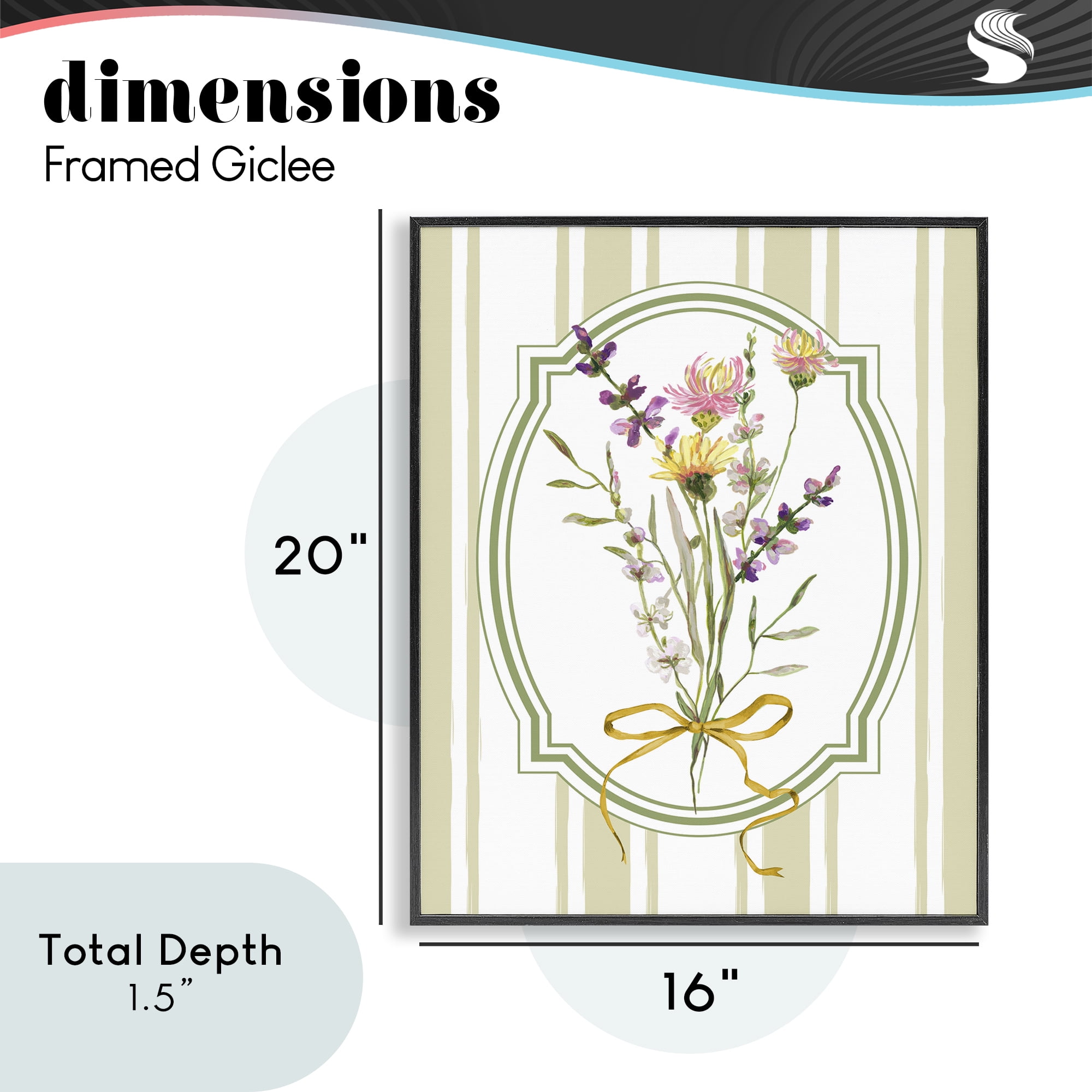Wildflowers Bouquet Classic Stripes Black Framed Giclee Art, design by Adonna Ebrahimi
