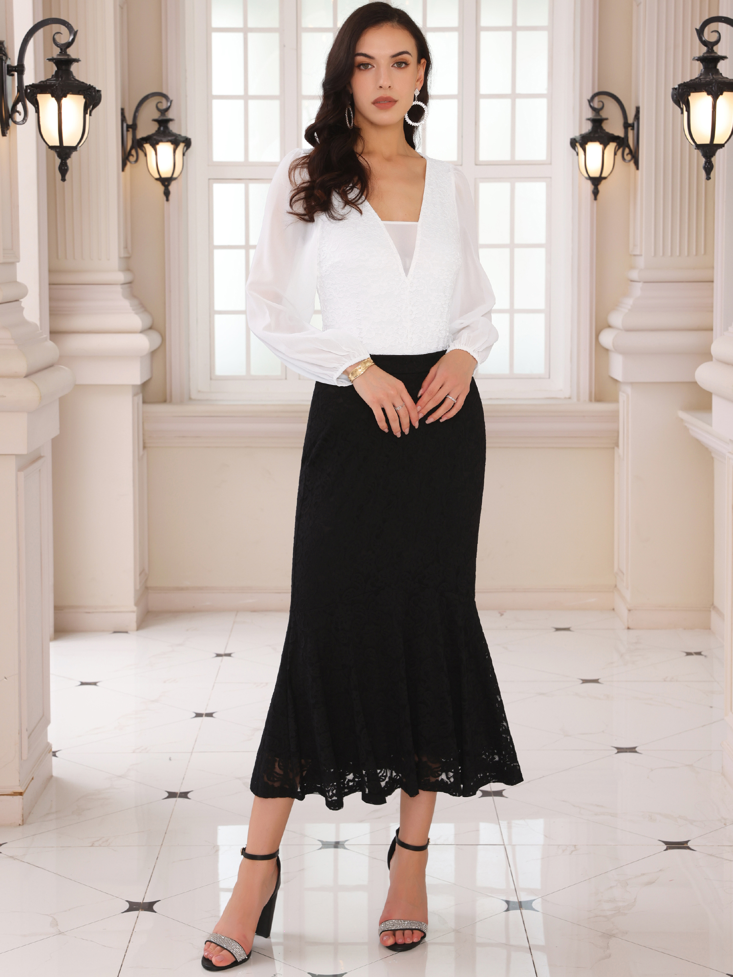 DARING DIVA V Neck Chiffon Dressy Formal Leotard Bodysuit Tops L White
