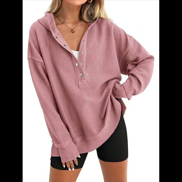 Sudadera con Capucha de Larga Extragrande para Mujer, Cuello en V, Botones y Abertura Lateral, Estilo Informal. Melocotón L