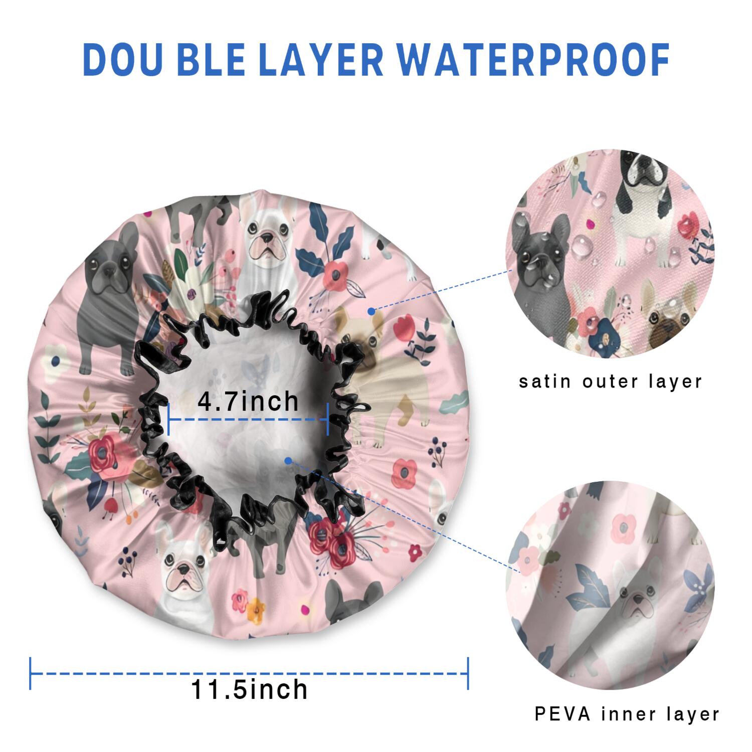 Shower Caps,French Bulldog Dog Pattern with Pioneer Flower Waterproof Shower Cap for Women 4 Pieces,Double Reusable Hair Cover for Shower PEVA Elastic Stretch Hem