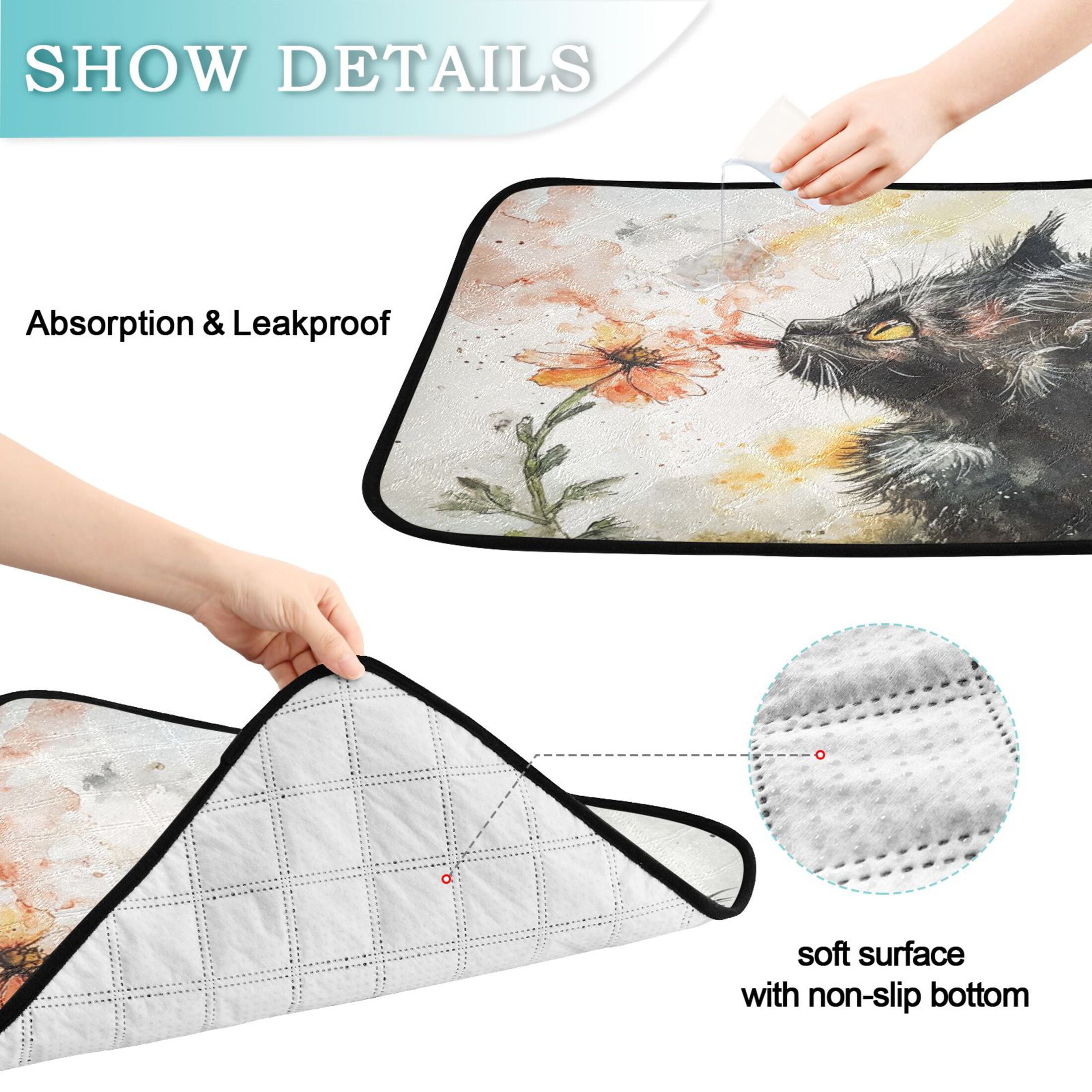 Qxltty Skinny Black Cat Cat litter Pads Pet Set of 3 Diaper Mats Center Anti-leakage Layer Absorbent Soft and Comfortable