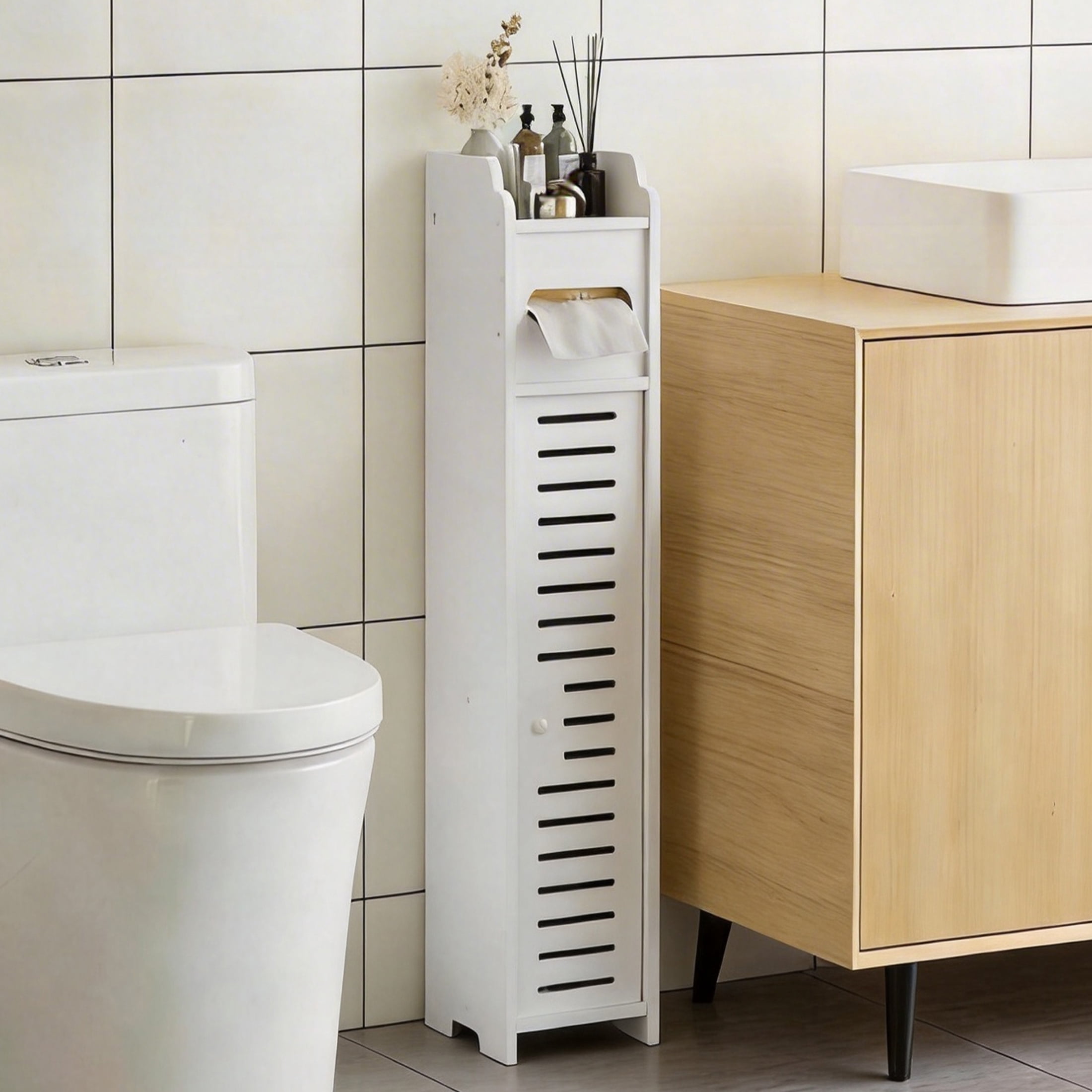 Narrow Bathroom Storage Cabinet with Toilet Paper Holder, Freestanding Slim Bathroom Floor Cabinet with Doors and Shelves, Small Storage Cabinet Organizer for Small Spaces