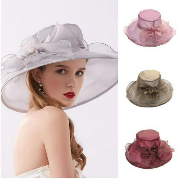 D-GROEE Lady Dress Church Flower Bucket Wedding Beach Mesh Hats Wide Brim Sun Hat