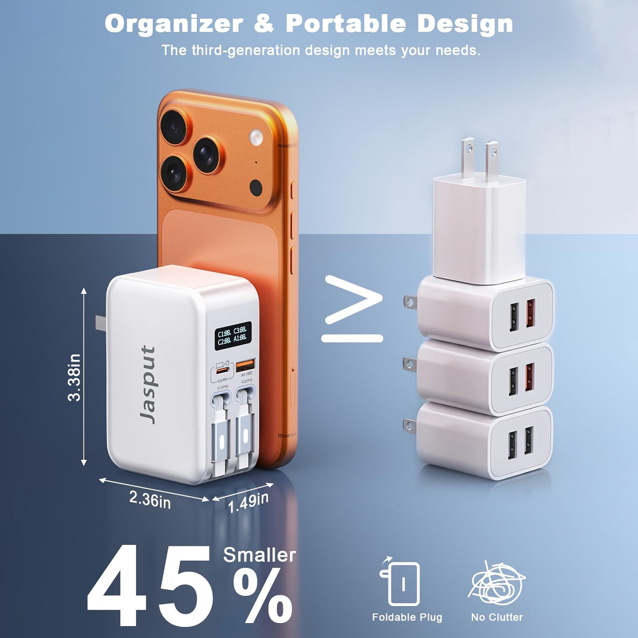 Jasput 67W Retractable Phone Charger Wall Plug,4 in 1 Retractable Wall Charger with Dual Cables &2 Ports&LED Display,PD 30W USB C Fast Charging Block for Phone 17 16 15 Pro Max,Galaxy 25 24, Tablet