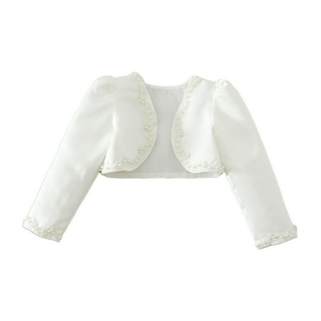 

Baby Girls Satin Long Sleeve Bolero Shrug Handmade Imitation Pearl Beading Wedding Jacket Lace Applique Formal Party Cape Cardigan Wraps