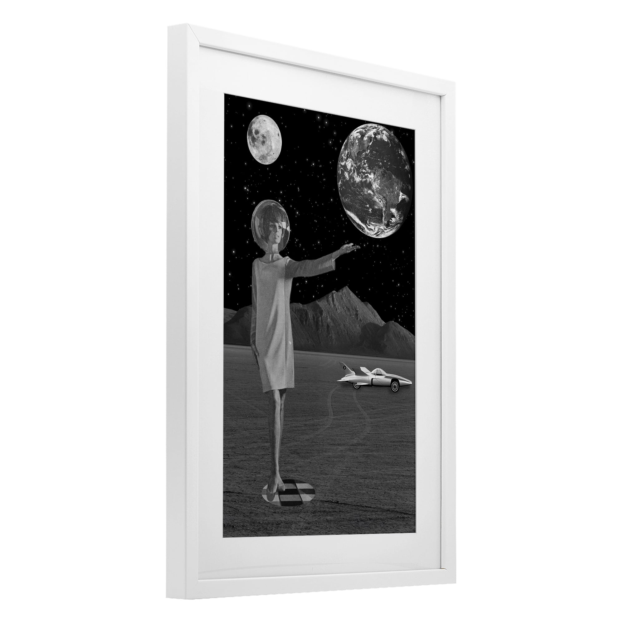 On A Mission Retro Space White Framed Print Under Glass, design by Elo Marc