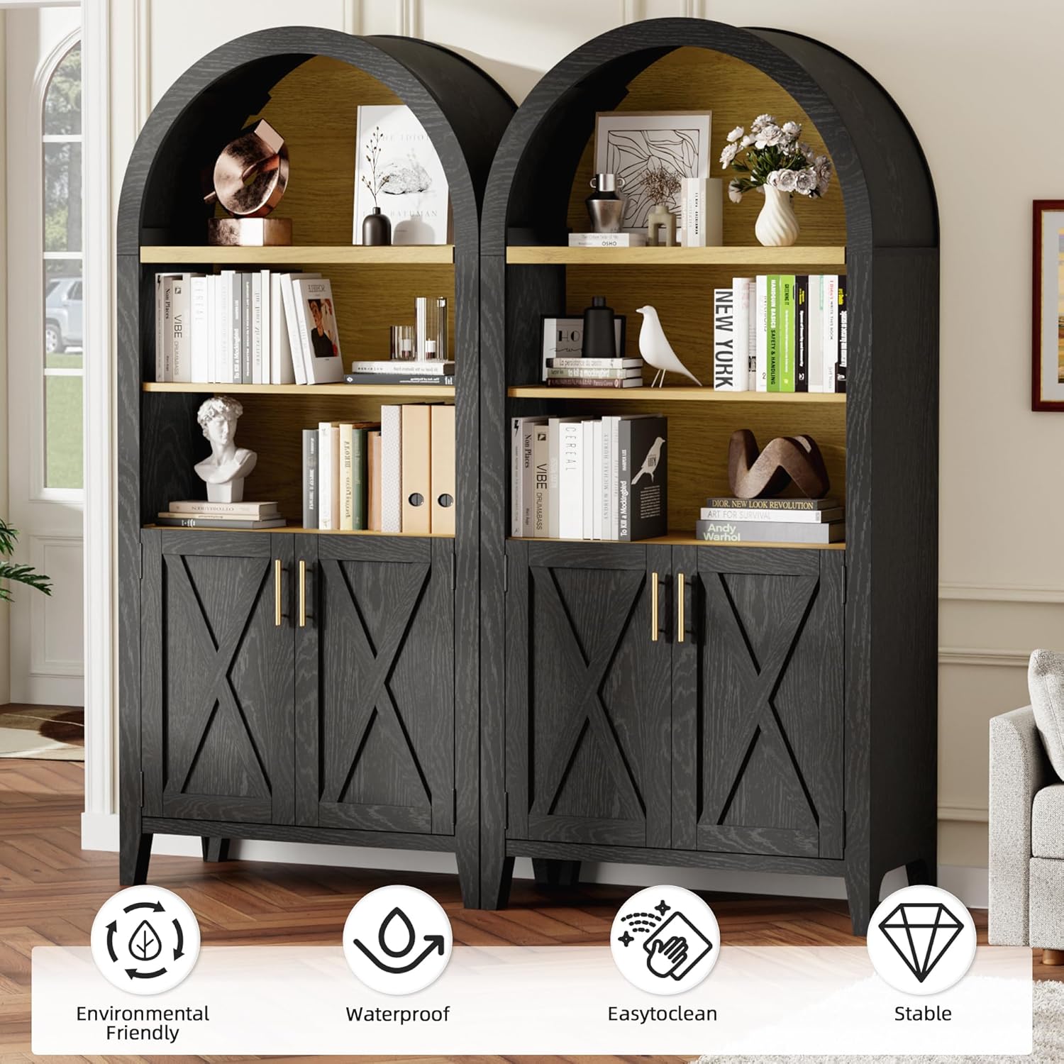 MAYEERTY 63" Arched Storage Cabinet with Beech Wood Door, 5 Tier Farmhouse Arched Kitchen Pantry with Storage for Dining Room, Living Room, Kitchen, Office