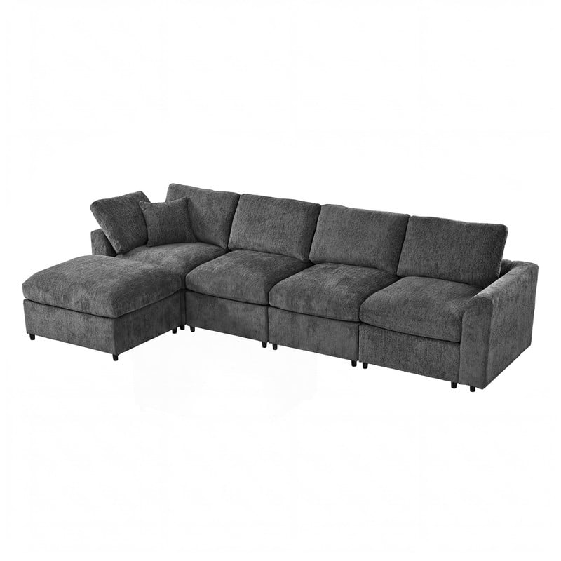 L-Shaped Modular Sectional Sofa, 4-Seater Chenille Couch with Movable Ottoman, Deep Seat Modern Sofa with Solid Wood Frame, 1 Throw Pillow for Living Room & Apartment