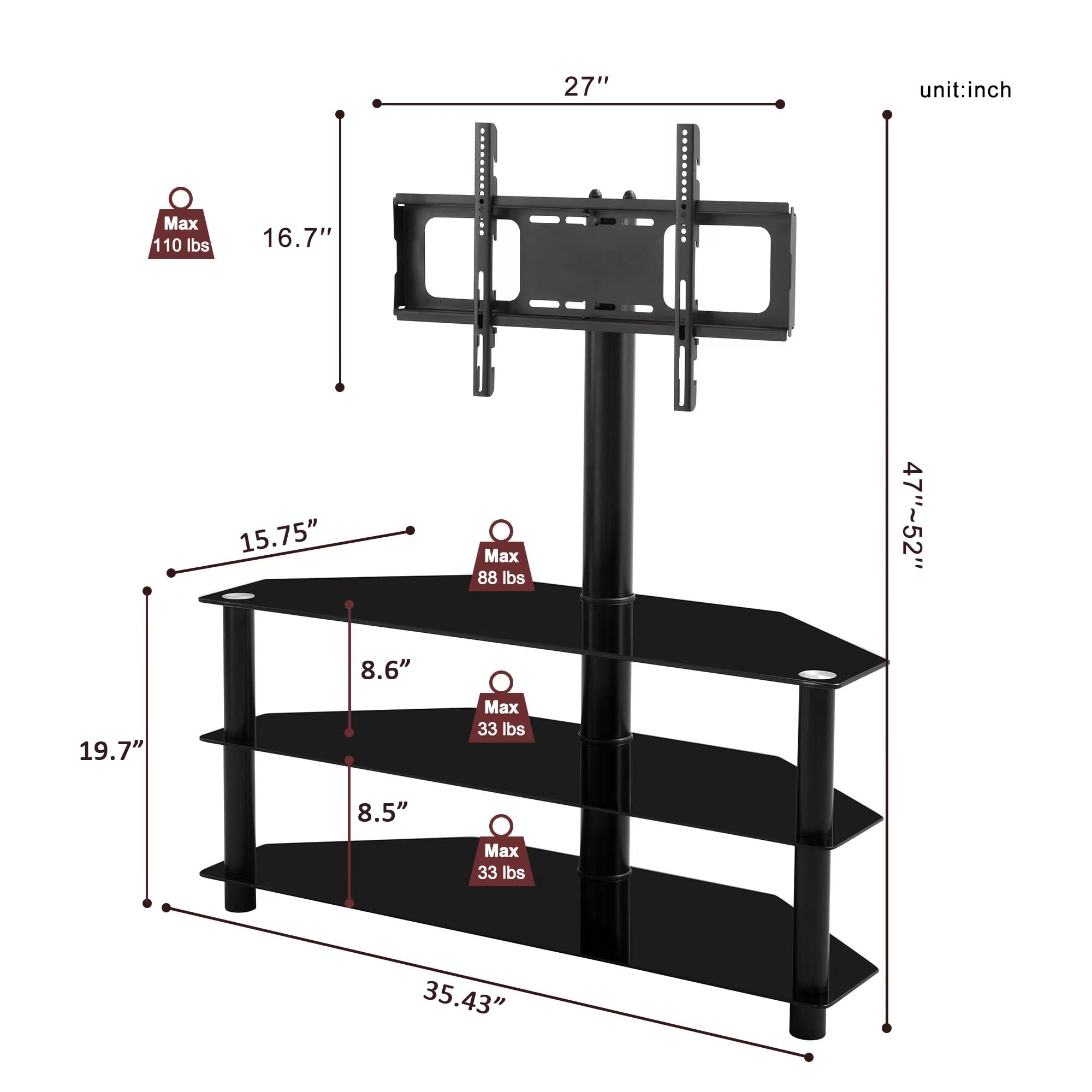 Euroco 35.4 inch Black Multi-function TV Stand Height Adjustable Bracket Swivel 3-Tier