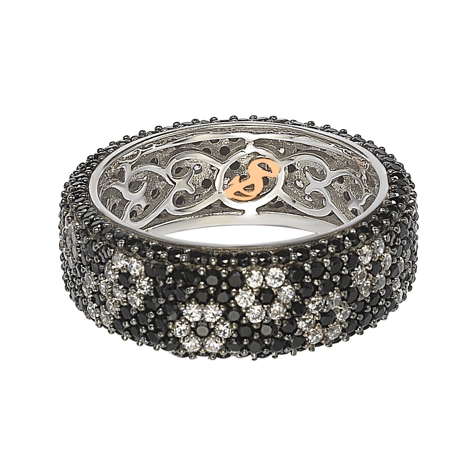 SL Collection Sterling Silver Cubic Zirconia White & Black Pave Flower Stackable Ring - Black White