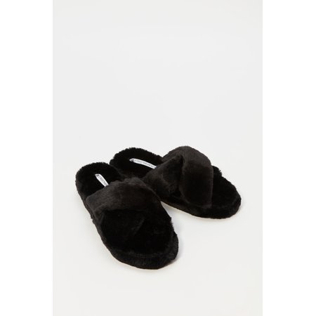 fur criss cross slippers