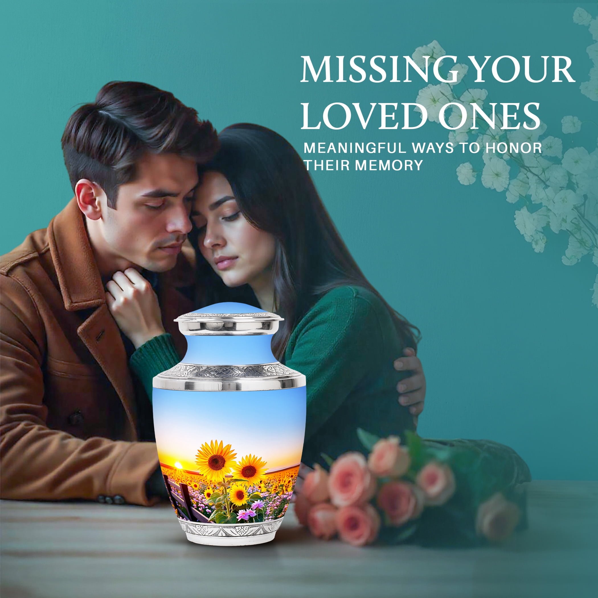 SABURIAL Sunflower Urn - Burial Urns For Adult Human Ashes - 10 Inch - Large With Velvet Bag - Funeral Urn Adult Ash Man & Women - Memorial Burials For Ash - Cremation For Ashes