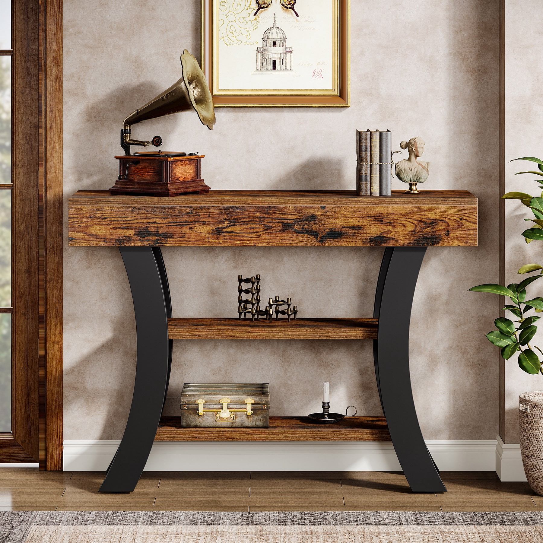 Tribesigns 41" Small Entryway Console Sofa Table with Storage Shelves for Living Room, Hallway, Foyer, Rustic Brown