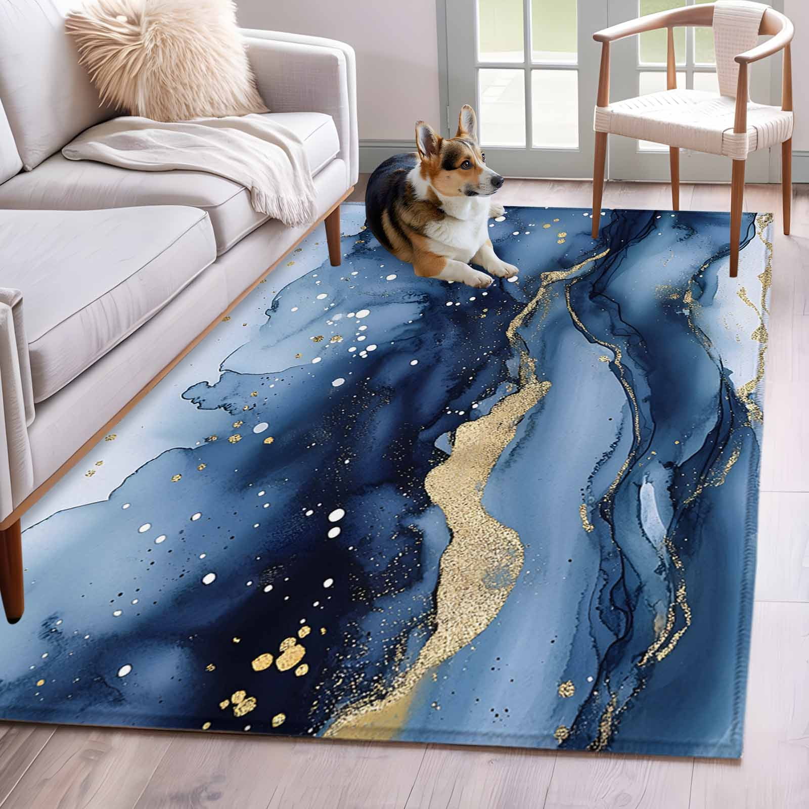 Abstract Art 4x6 Area Rugs for Living Room Gold Blue Gradient Marble Texture Non Slip Floor Mat Washable Low-Profile Indoor Carpet for Bedroom Dining Room Bathroom