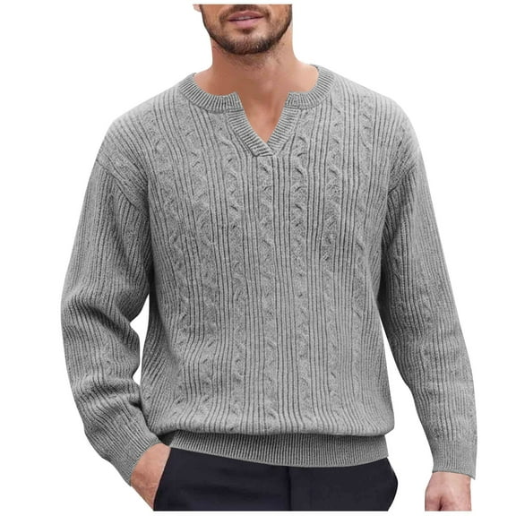 Men's Sweater Knitted V Neck Long Sleeve Casual Loose Elastic Jacquard Pullover Sweaters Tops with Ribbing Edge (XL, Gray)