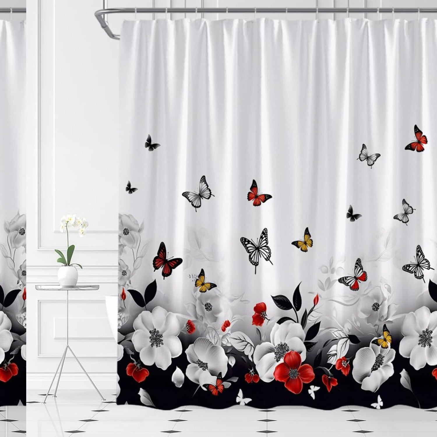 Elegant Bloom Shower Curtain Black Red Floral Butterfly Design Simple Pattern Fabric for Home Bathroom Decor Includes Hooks 70 x 70