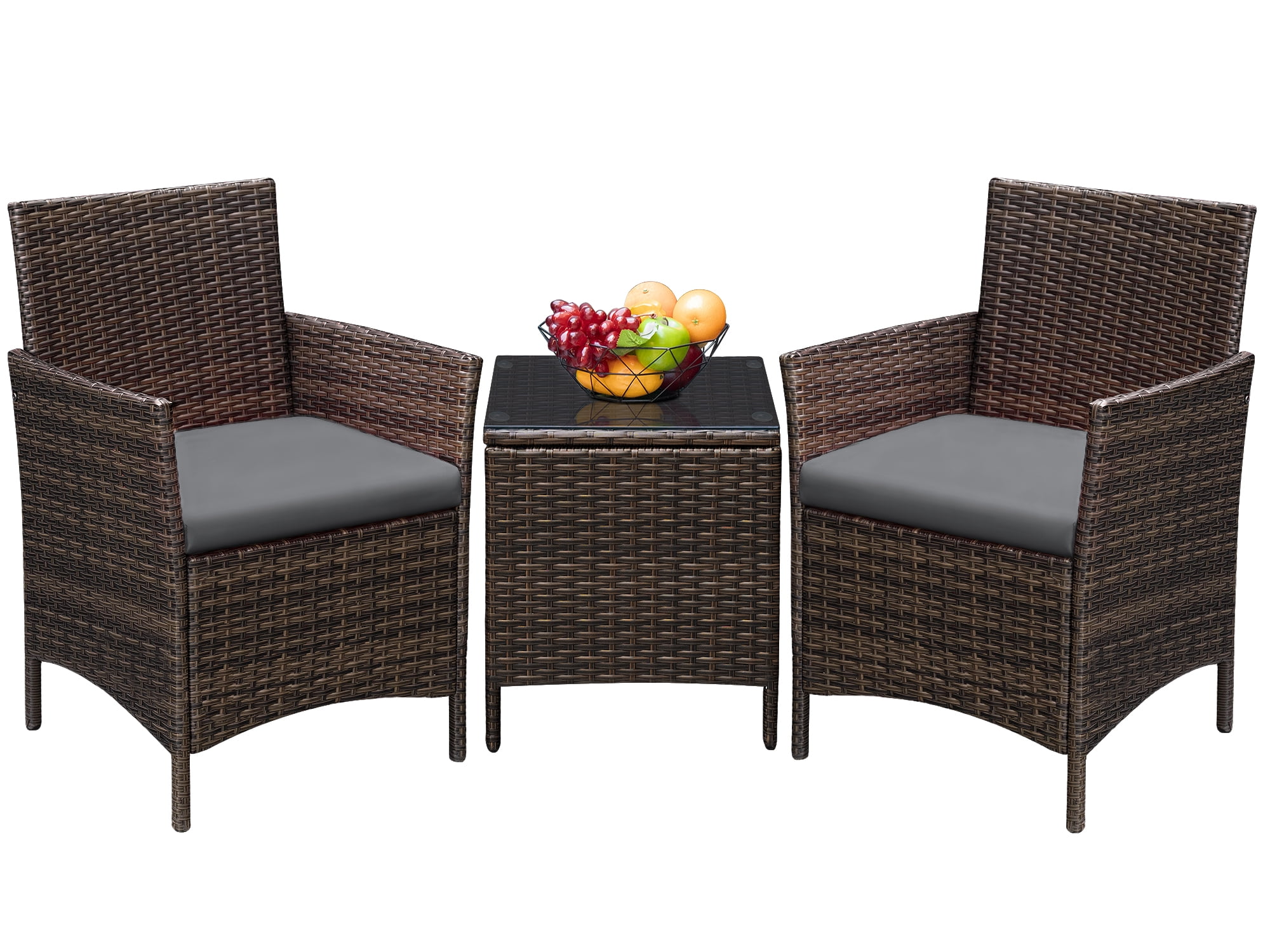 Devoko 3 Pieces Patio Conversation Set PE Rattan Wicker Chairs Outdoor Furniture Set, Brown/Gray