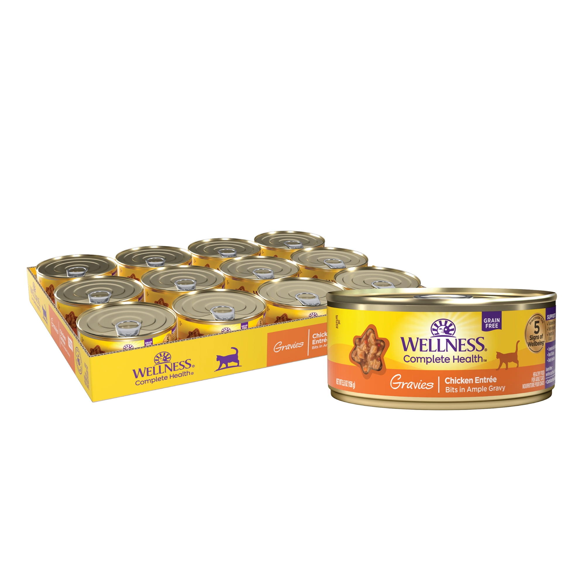 Wellness Complete Health Gravies Adult Canned Wet Cat Food, Natural, Protein Rich, Grain Free, Chicken Entrée Recipe, 5.5 oz, Pack of 12 Cans