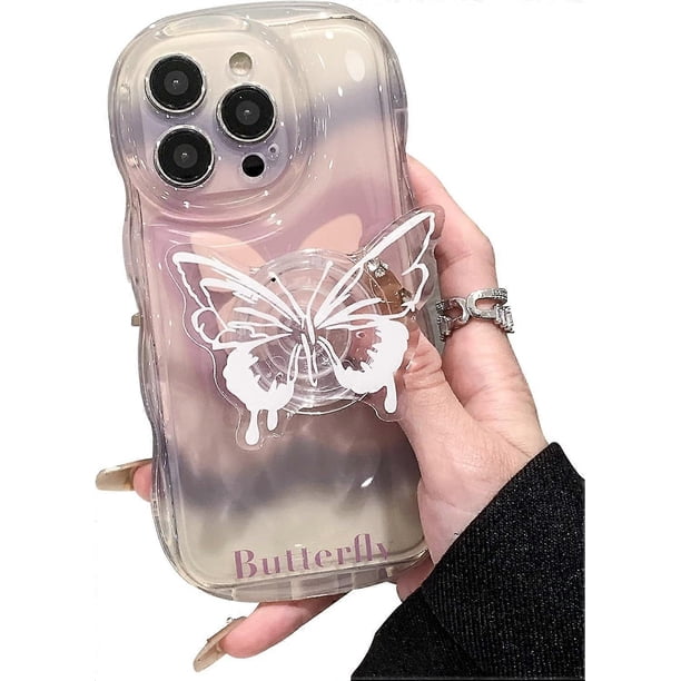 Butterfly Phone Case for iPhone 15, Cute Korea Clear Pink Gradient 3D Butterfly Phone Cover with Butterfly Hold Stand for Women Girls