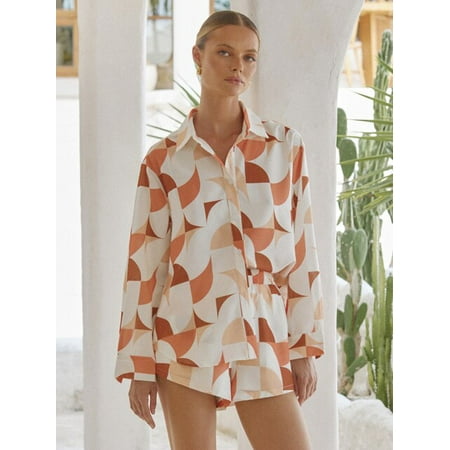 

QWZNDZGR Hiloc Graphics Print Pajamas For Women Fashion Long Sleeve Loungewear Shorts Female Set Woman 2 Pieces Turn Down Collar Pajama