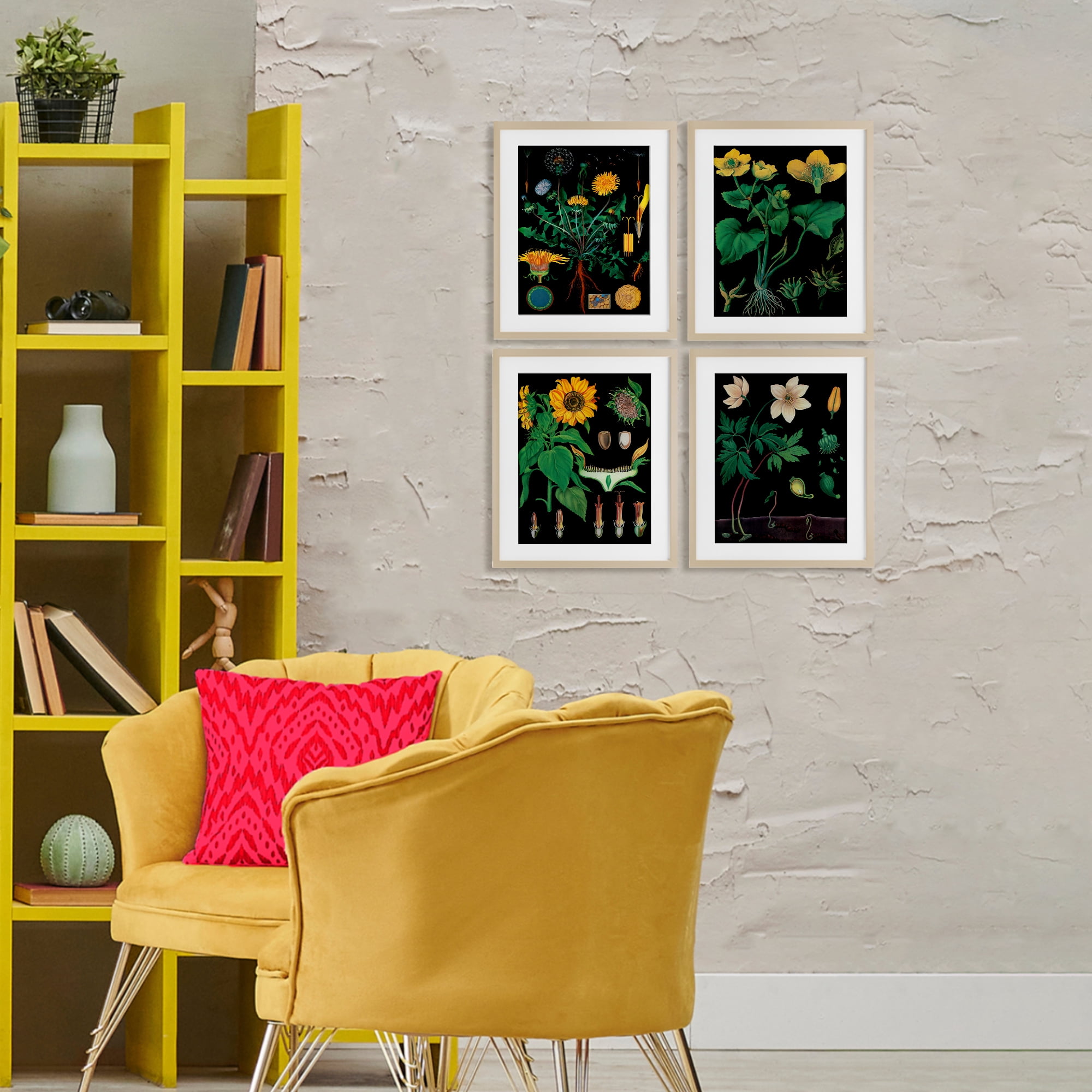 Stupell Industries Botanical Illustrations on Black 4 Piece Birch Framed Print Under Glass Set, design by Vintage Hustle