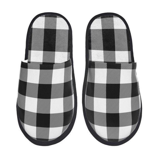Balery White And Black Plaid Pantuflas de Casa de Felpa Silenciosas con Diseño Estampado, Zapatillas Cómodas Antideslizantes de Algodón para Interior-Medium