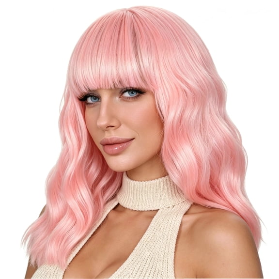 LOHXINHAIR Bob Wig Pink Synthetic Loose Wavy Shoulder Length Wig for Women