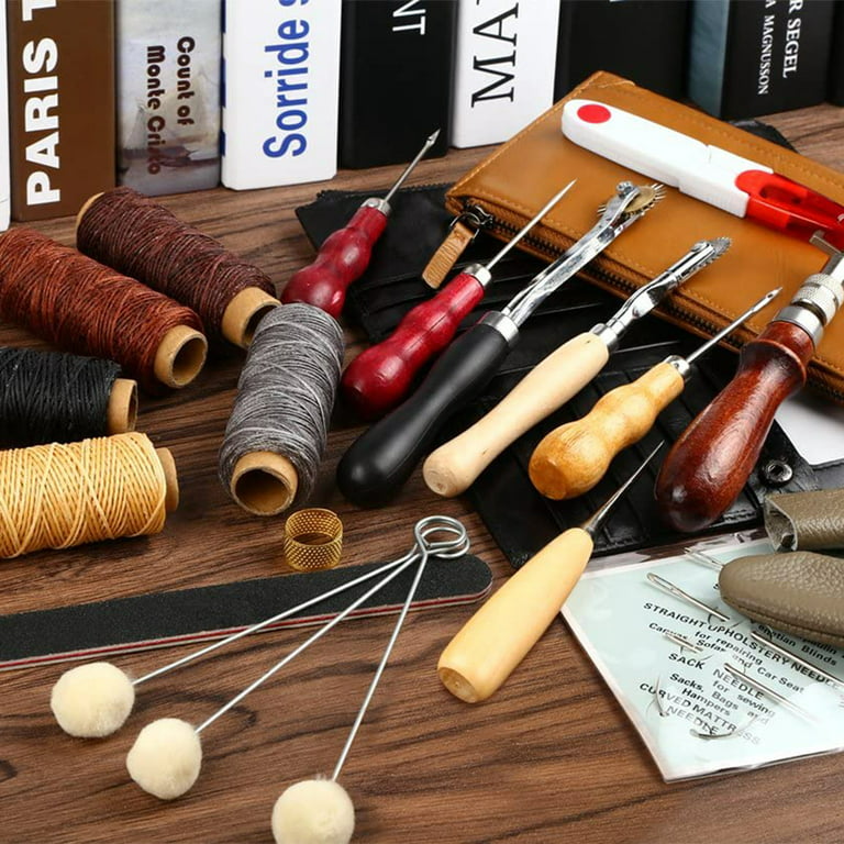 Leather Crafting Tools Kit, 57pcs Leather Working Tools Set with Groover  Awl Waxed Thread Thimble Kit for Leather Making Projects Wallet Belt Shoe