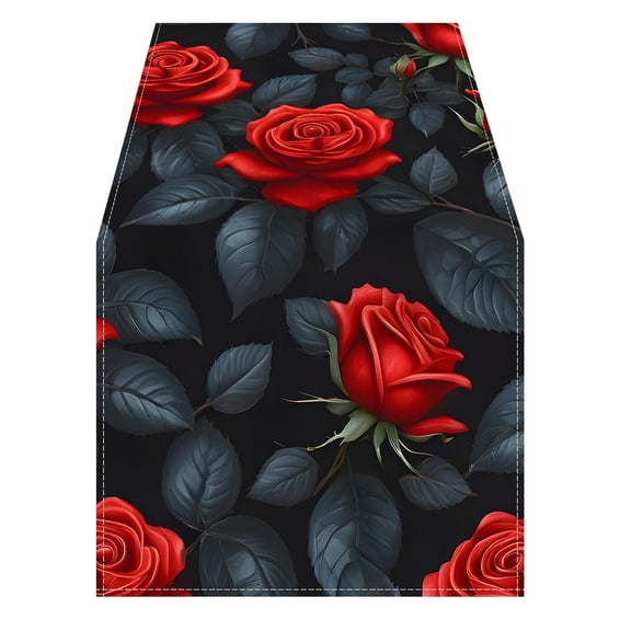 Lilixerw Home Festive Linen Table Runner with Rose Pattern,35.43 x 13 inch Valentines Day Wedding Party Tablecloth,Romantic Red Floral Dining Tablecloth Decor for Indoor Outdoor Tables