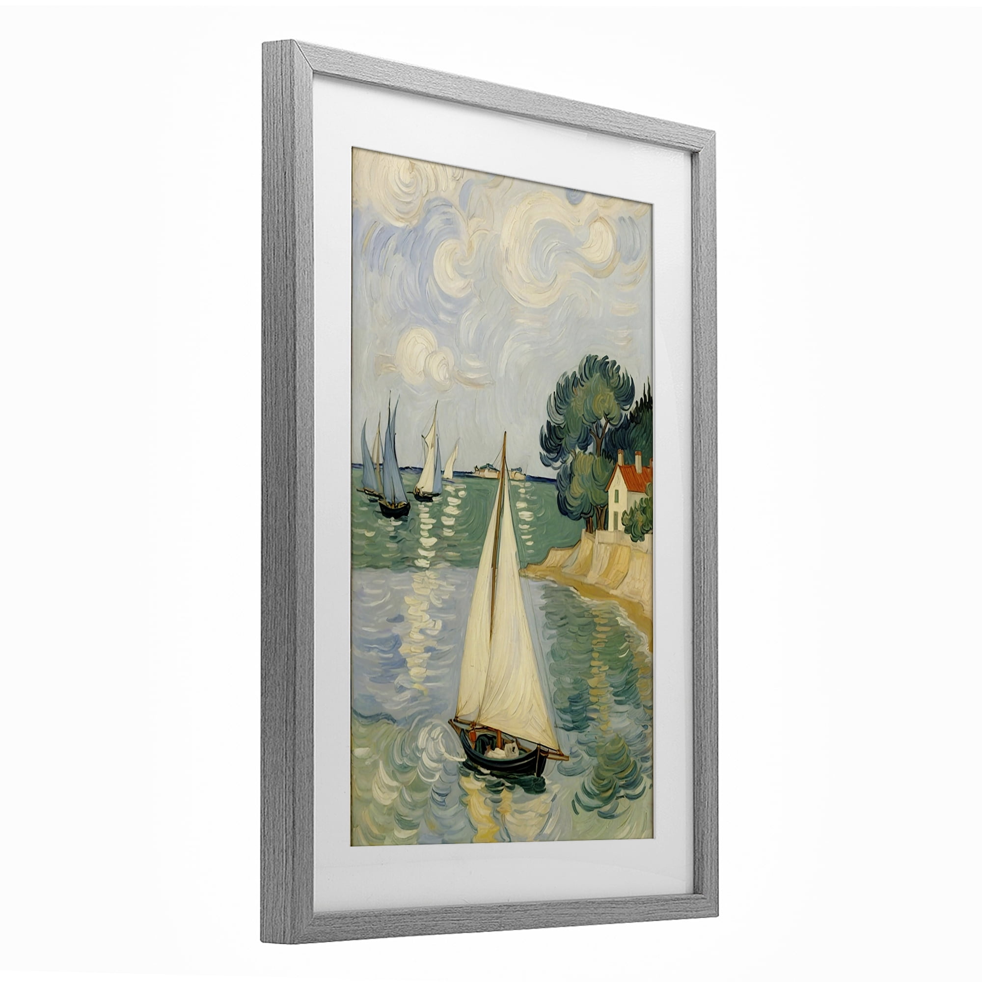 Stupell Industries Coastal Sailboats Under Swirling Clouds Gray Framed Print Under Glass, design by Angie Hawke
