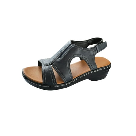 

Tenmix Women Holiday Lightweight Wedge Sandals Comfy Ankle Strap Pumps Work Hook&Loop