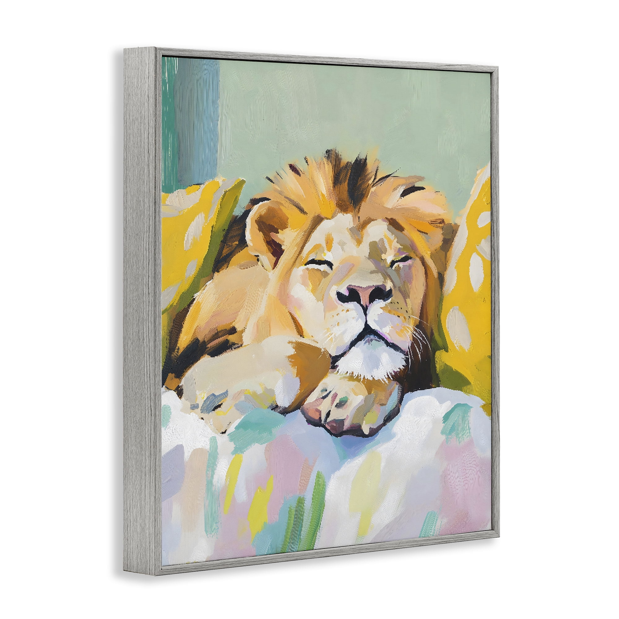 Stupell Industries Sleeping Lion on Pastel Pillows Gray Framed Giclee Art, design by The Prints Vibe