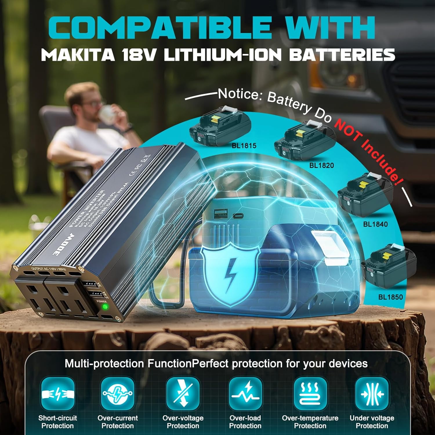 Power Inverter Compatible with Ma*kita 18V Battery, DC 18V to AC 110V Portable Power Station Generator with 2 AC Outlets & 1 Type-C PD 65W & 1 USB A 18W Max for Emergency Power