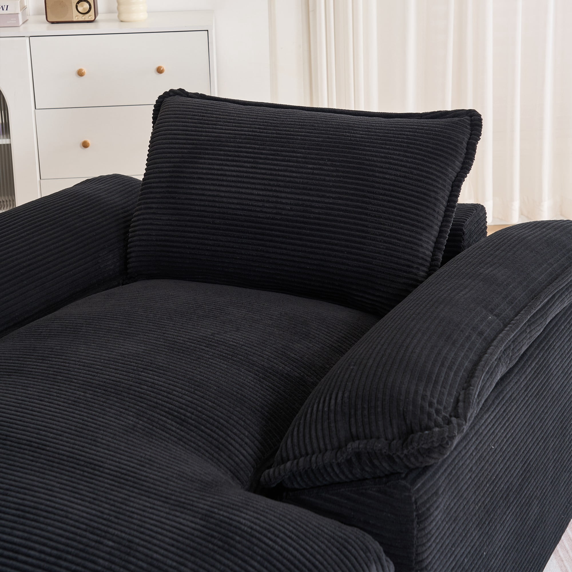 Aukfa 51.2" Oversized Chaise Lounge Chair Indoor, Corduroy Upholstered Sofa Couch with Pillow Armrests, Sleeper Sofa Chair for Living Room Bedroom Office, Black