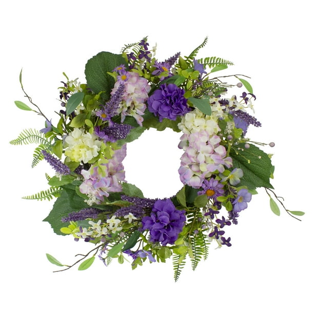 blue and purple hydrangea wreath